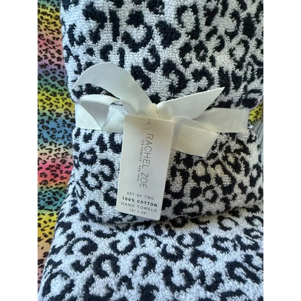 Rachel Zoe reversable Leopard Print Bath Towel Set NWT 100% Cotton Black White